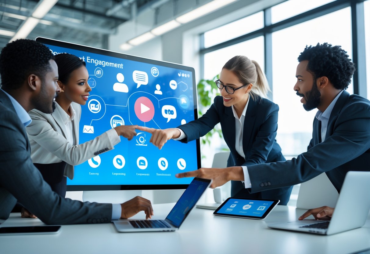 A group of business professionals collaborating around a digital touchscreen displaying communication icons and data charts in a modern office.