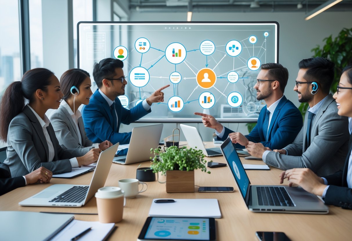 A group of business professionals collaborating around a table with laptops and digital devices, discussing strategies in a modern office.