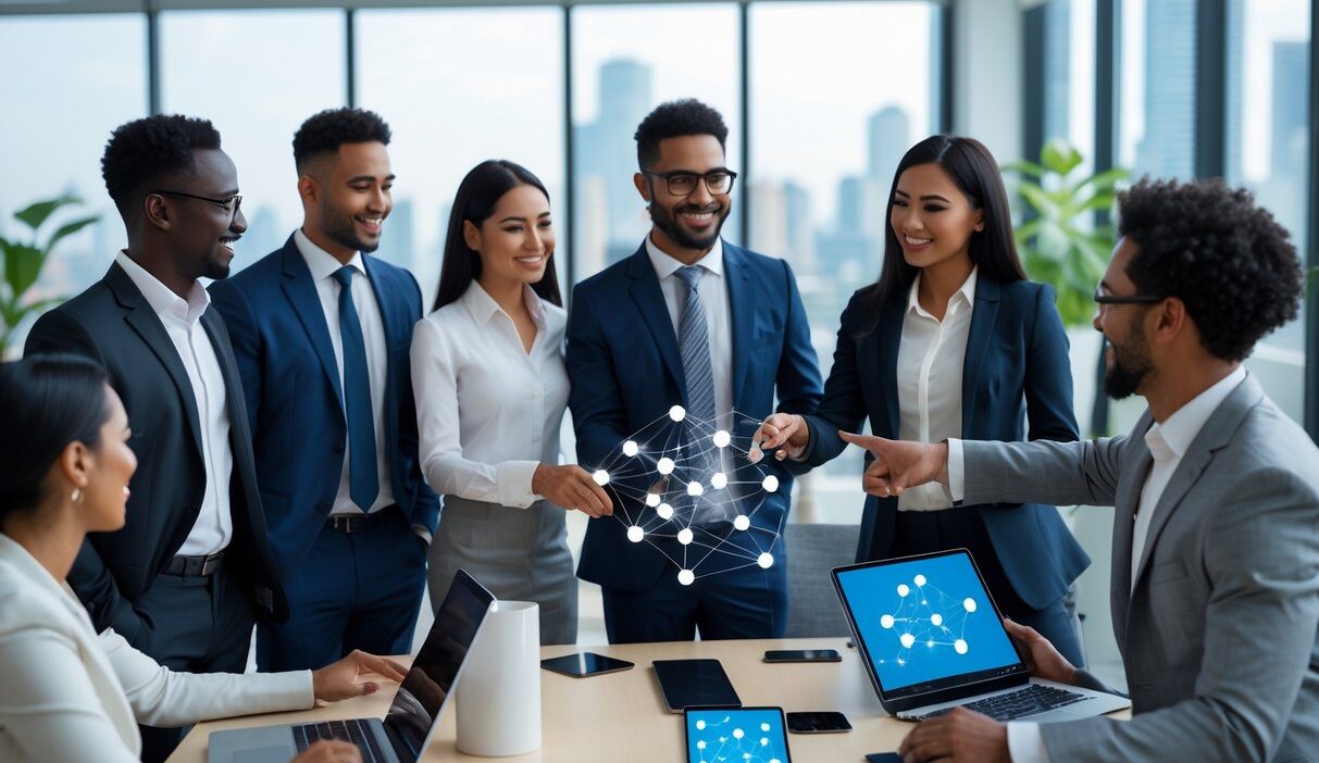 A diverse group of business professionals collaborating around a conference table in a modern office, discussing a digital tablet showing interconnected nodes.