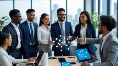A diverse group of business professionals collaborating around a conference table in a modern office, discussing a digital tablet showing interconnected nodes.