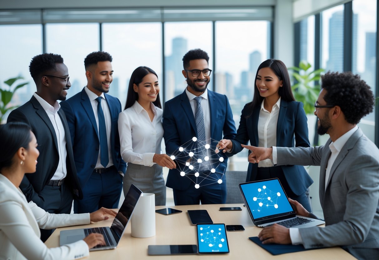 A diverse group of business professionals collaborating around a conference table in a modern office, discussing a digital tablet showing interconnected nodes.