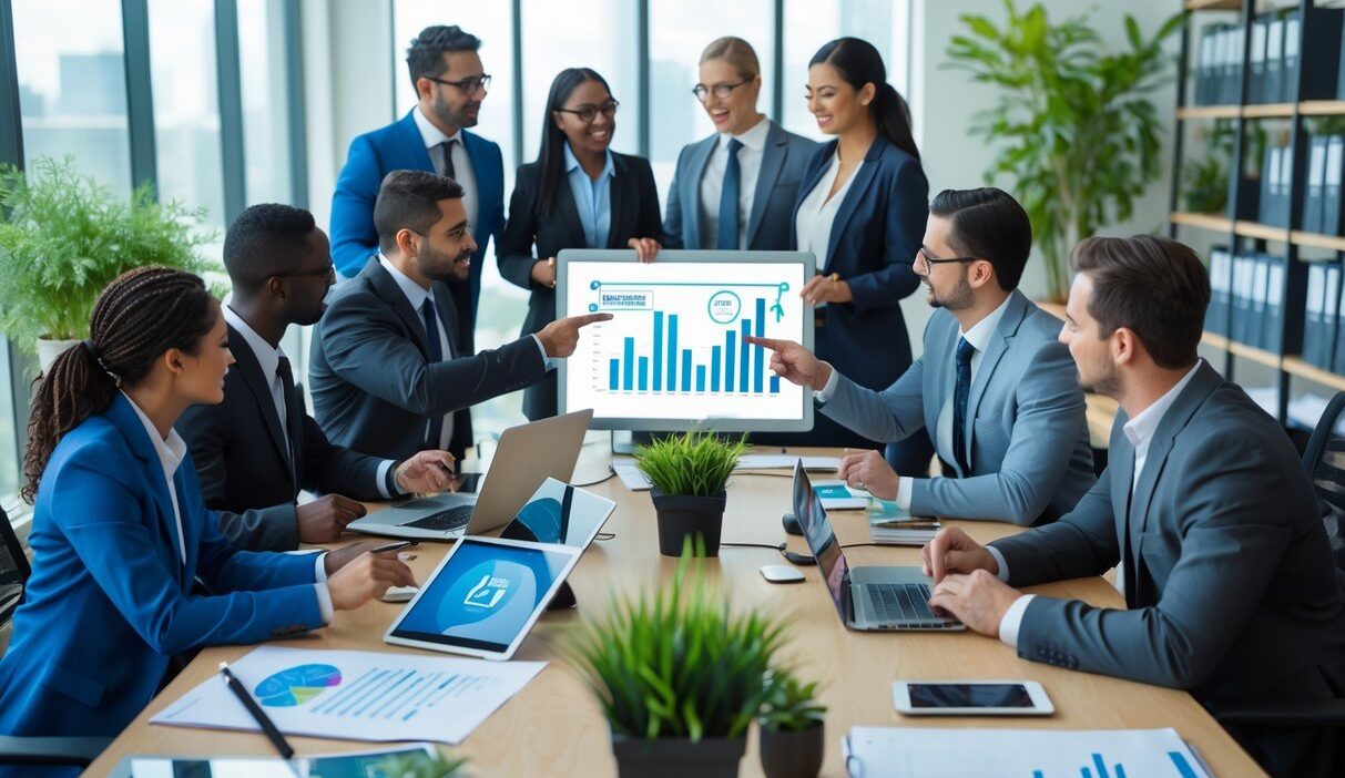 A group of business professionals collaborating around a table with laptops and charts in a bright office.
