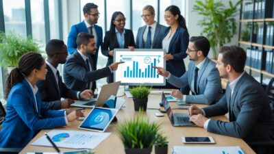 A group of business professionals collaborating around a table with laptops and charts in a bright office.