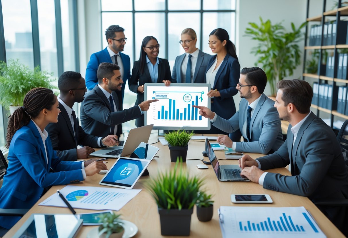 A group of business professionals collaborating around a table with laptops and charts in a bright office.