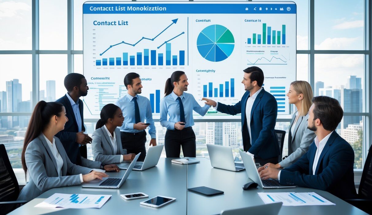 Business professionals collaborating around a conference table with digital charts and devices in a modern office.