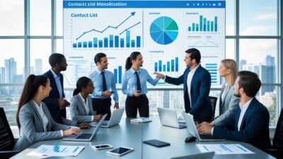 Business professionals collaborating around a conference table with digital charts and devices in a modern office.