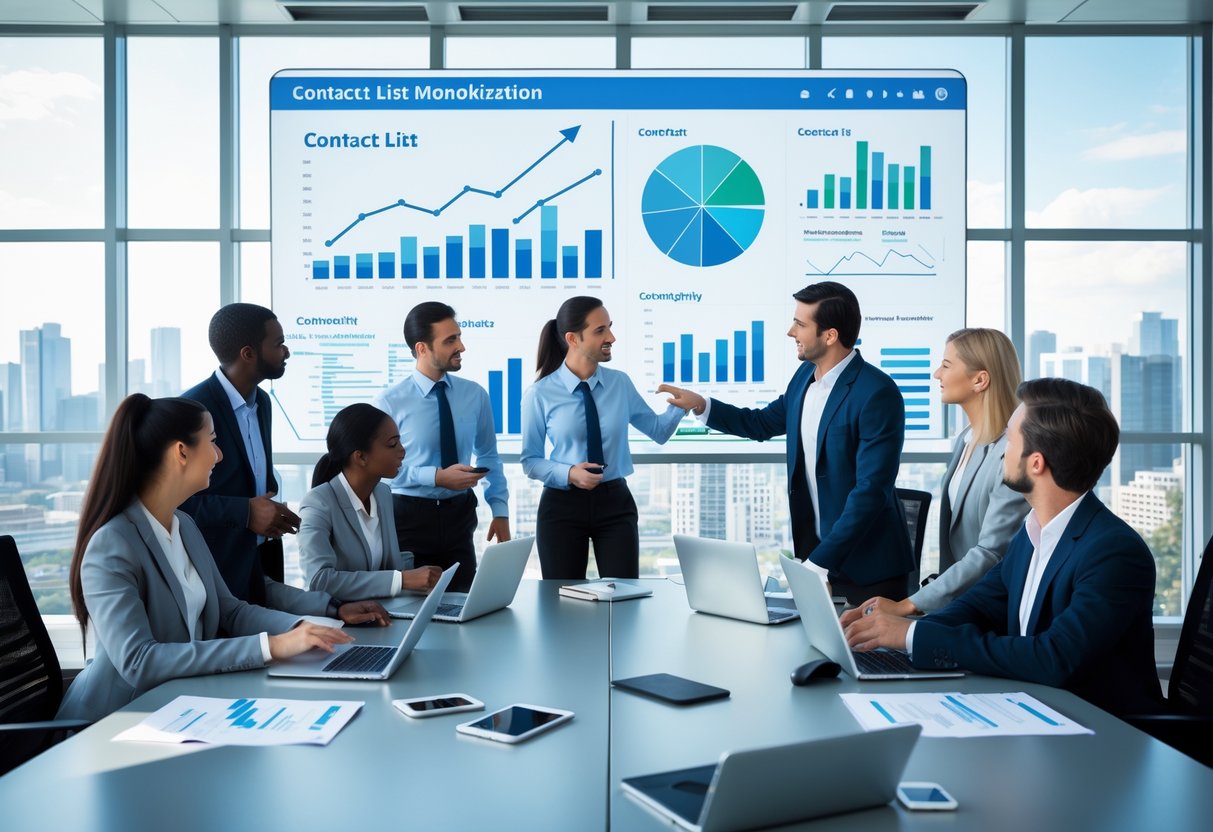Business professionals collaborating around a conference table with digital charts and devices in a modern office.