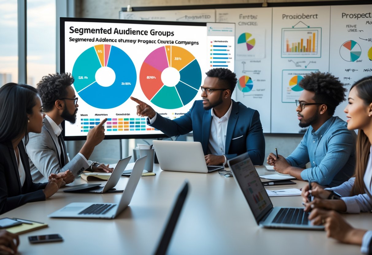 A diverse team of professionals in a meeting room analyzing charts and data on a large screen to identify and segment a target audience.