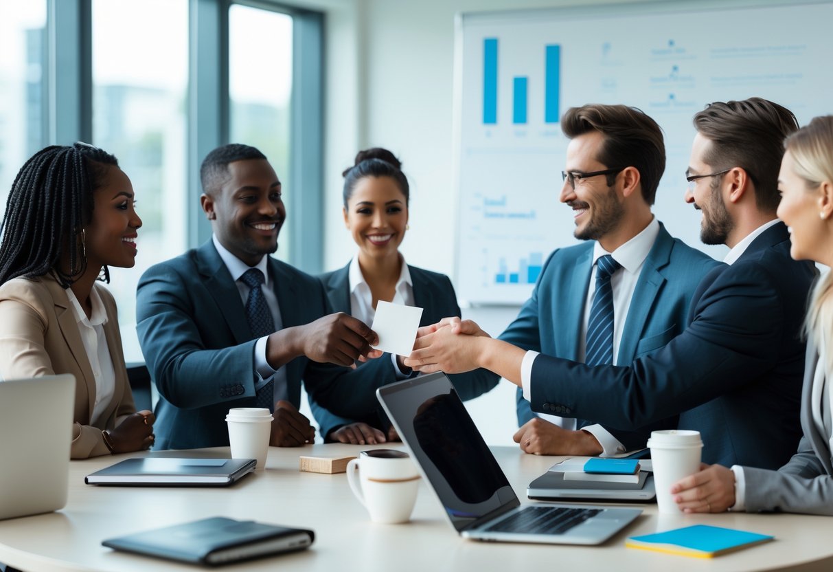 A group of business professionals exchanging business cards and shaking hands around a conference table in a bright office.