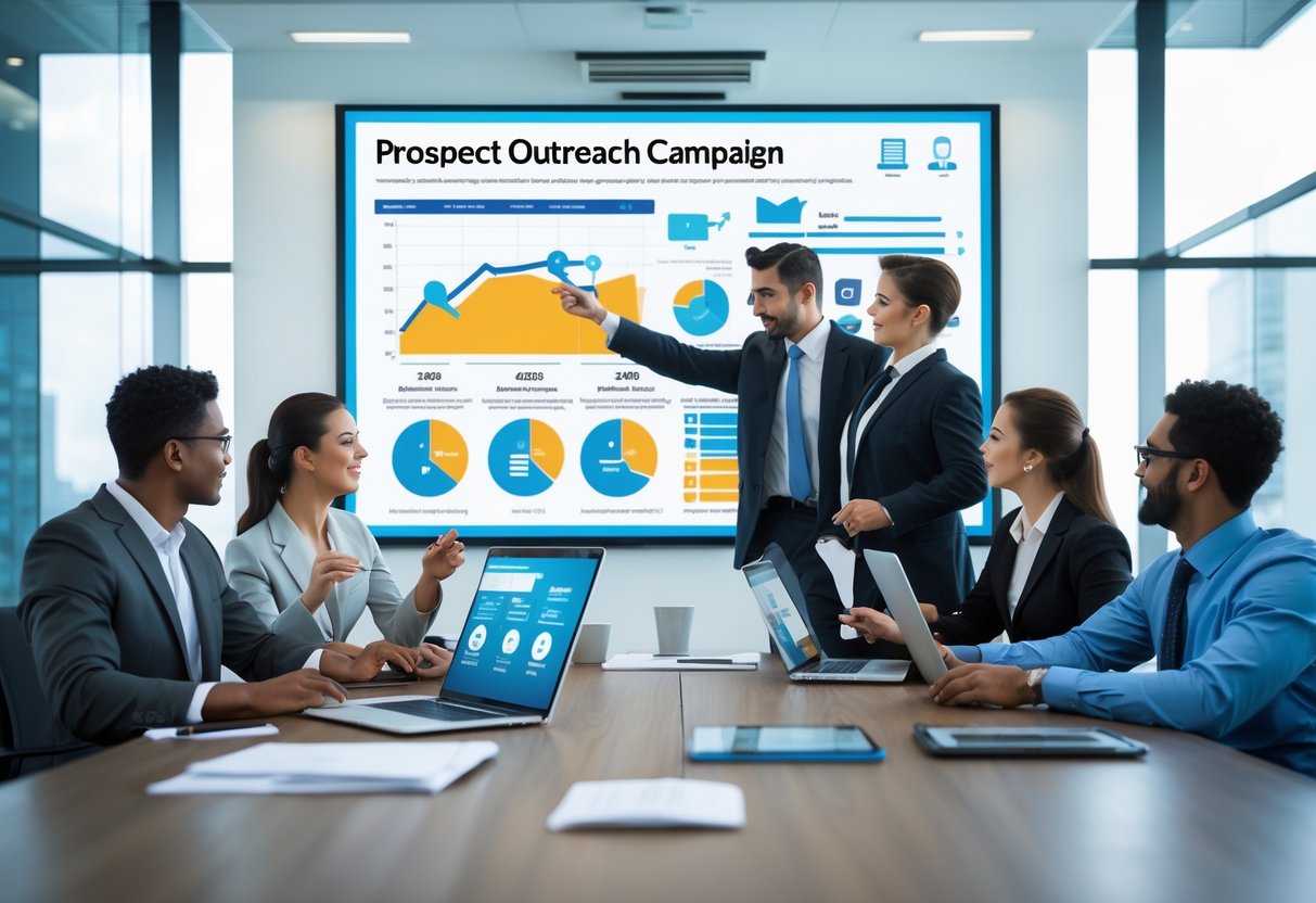 A diverse team of professionals collaborating around a conference table with laptops and digital devices, planning outreach channels and tactics in a modern office.