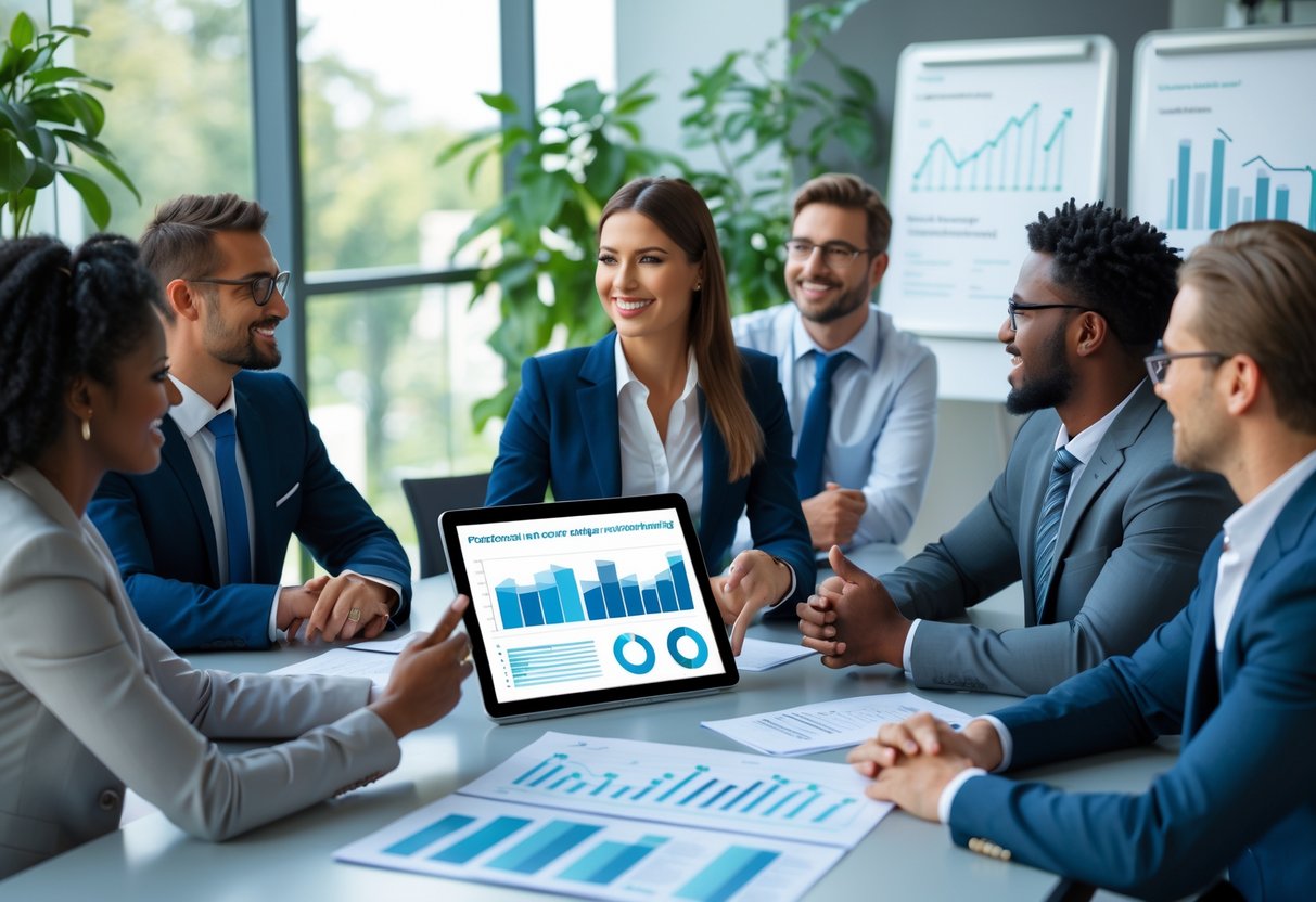 A group of business professionals in a meeting room discussing customer experience and referral strategies around a conference table.