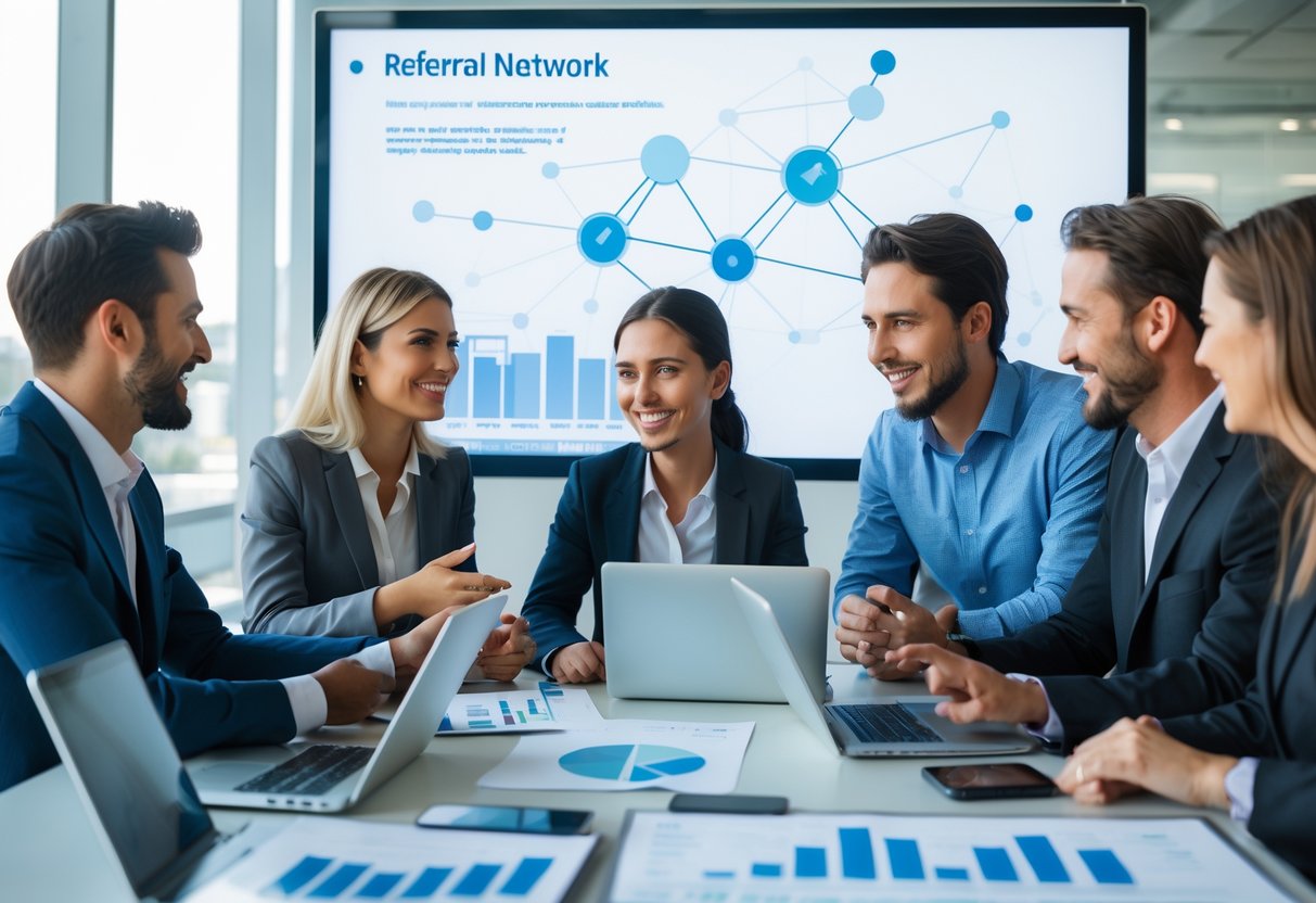 A group of business professionals collaborating around a table with laptops and charts, discussing sales referral networks in an office.
