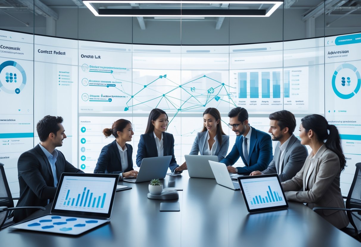 Business professionals collaborating around a table with digital devices displaying data and charts in a modern office.