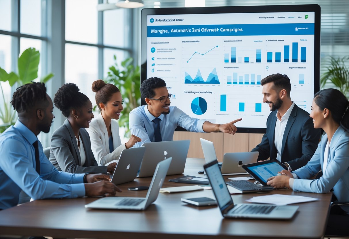 A diverse team of professionals collaborating around a table with laptops and a large screen displaying campaign data in a modern office.