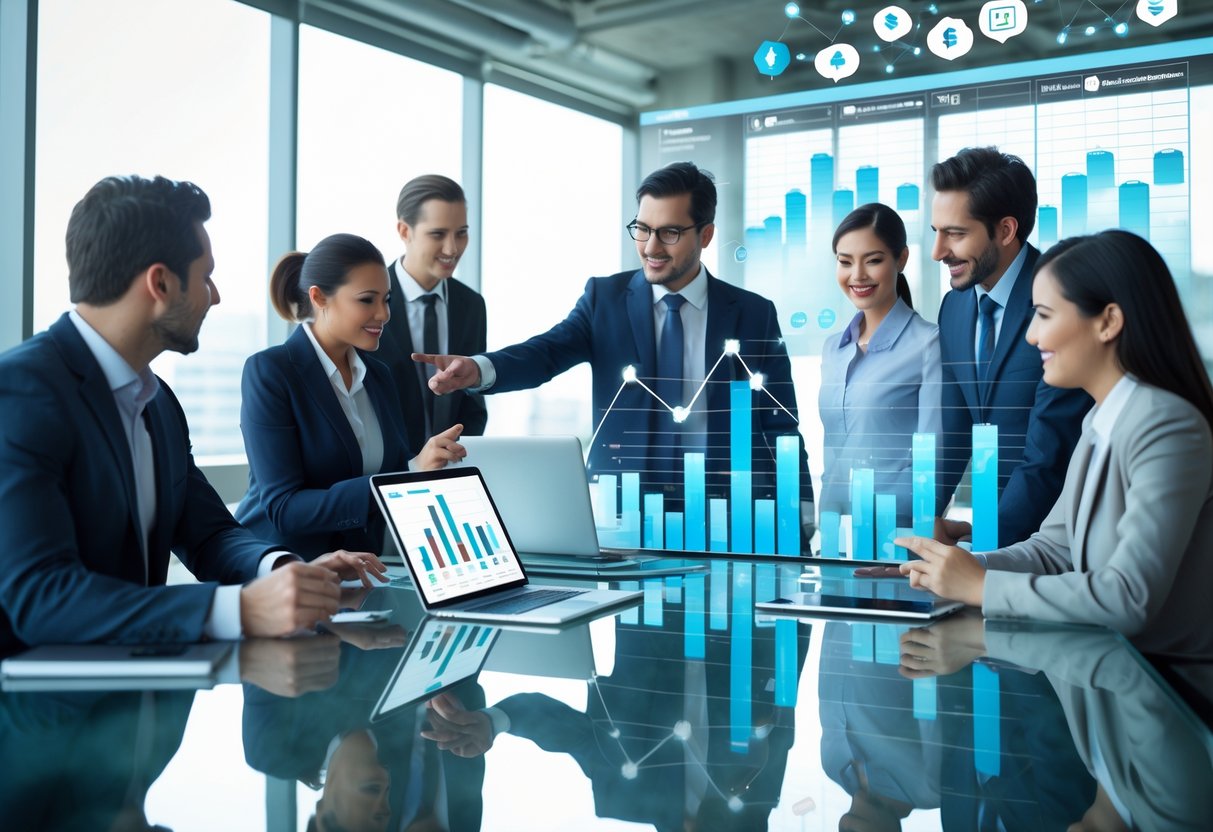A group of business professionals collaborating around a table with digital devices showing charts and contact data in a bright office.