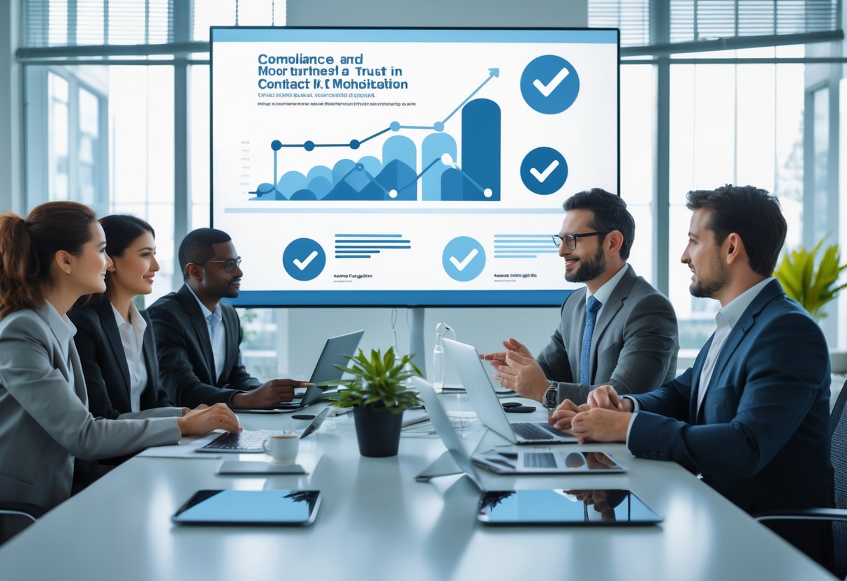 A group of business professionals collaborating around a conference table with laptops and charts in a bright office.