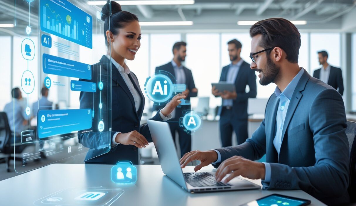 Professionals working with digital interfaces and laptops in an office, demonstrating automated inquiry response technology.