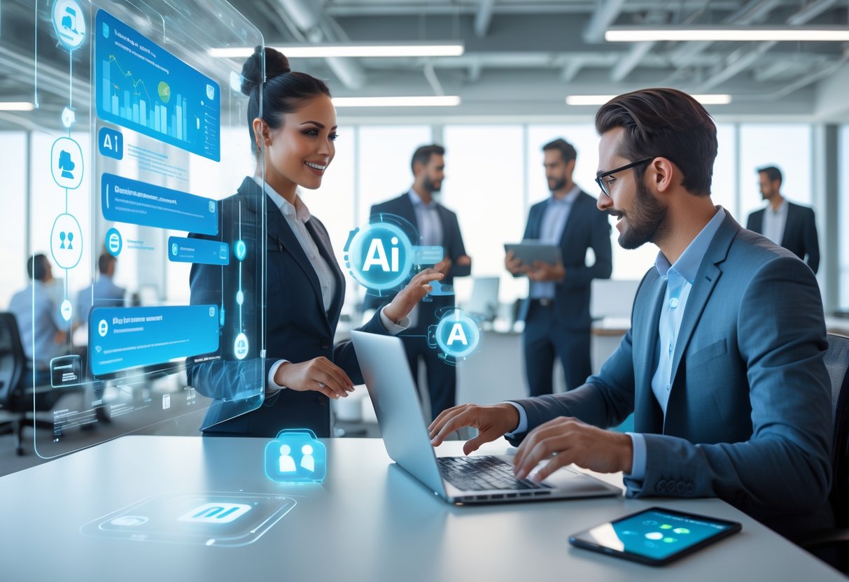 Professionals working with digital interfaces and laptops in an office, demonstrating automated inquiry response technology.