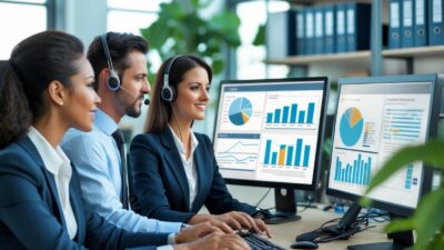 A team of business professionals working together in an office, handling sales inquiries using computers and headsets.