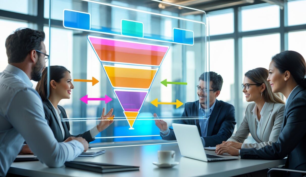 A group of business professionals working together around a digital screen showing layered funnel diagrams in a modern office.