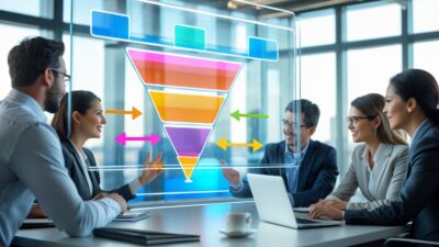 A group of business professionals working together around a digital screen showing layered funnel diagrams in a modern office.