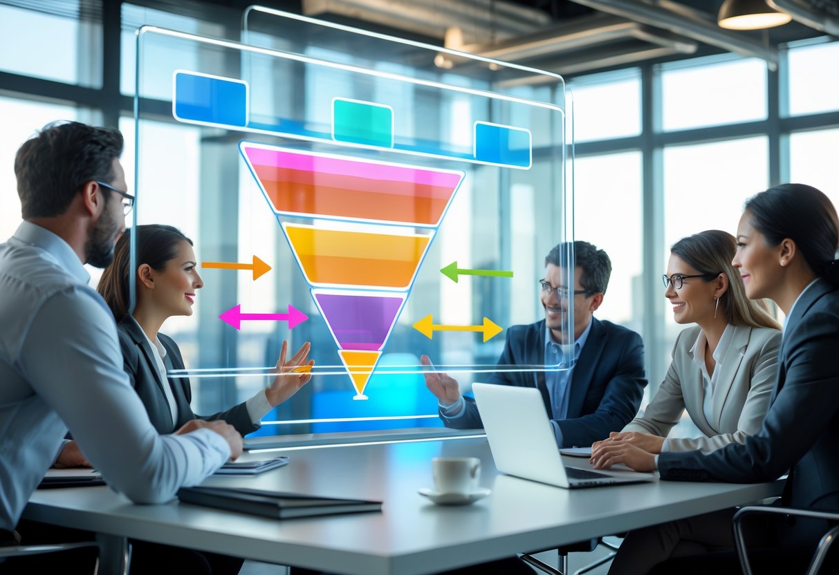 A group of business professionals working together around a digital screen showing layered funnel diagrams in a modern office.
