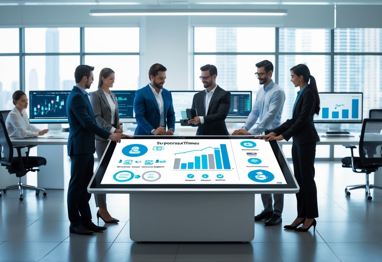 A group of professionals working together around a digital touchscreen table with multiple computer monitors displaying data and automated workflows in a bright office.