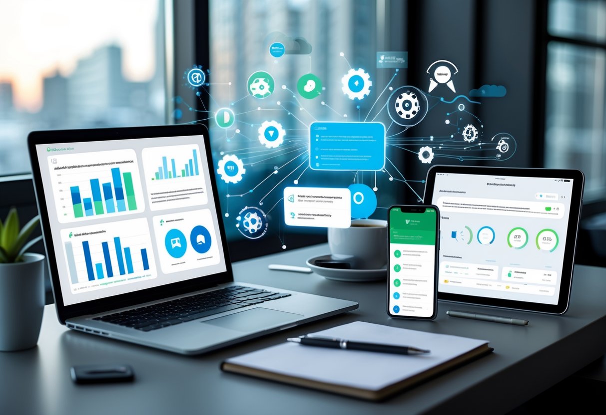 A modern office desk with a laptop, smartphone, and tablet displaying automation-related dashboards and graphs, surrounded by icons representing automation tools.