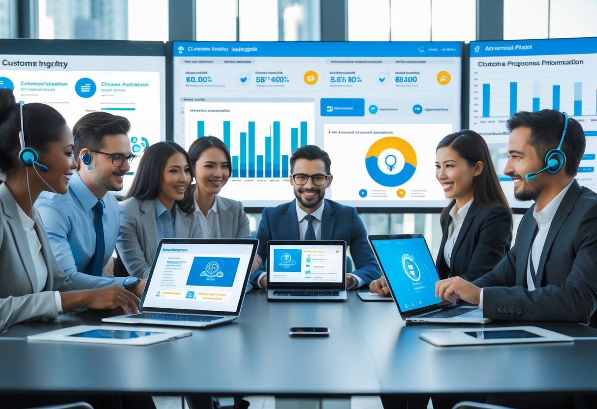 A diverse team of professionals collaborating around a conference table with laptops and digital screens showing customer service automation and satisfaction metrics.