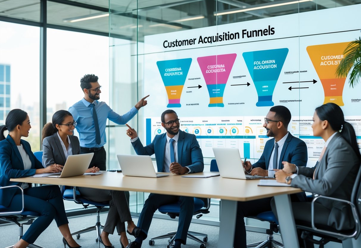 A group of business professionals in a conference room discussing customer acquisition strategies with funnel diagrams on a screen.
