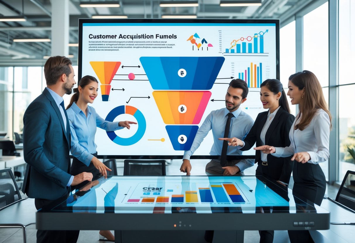 A group of business professionals working together around a digital touchscreen table showing funnel charts and data analytics in a bright office.