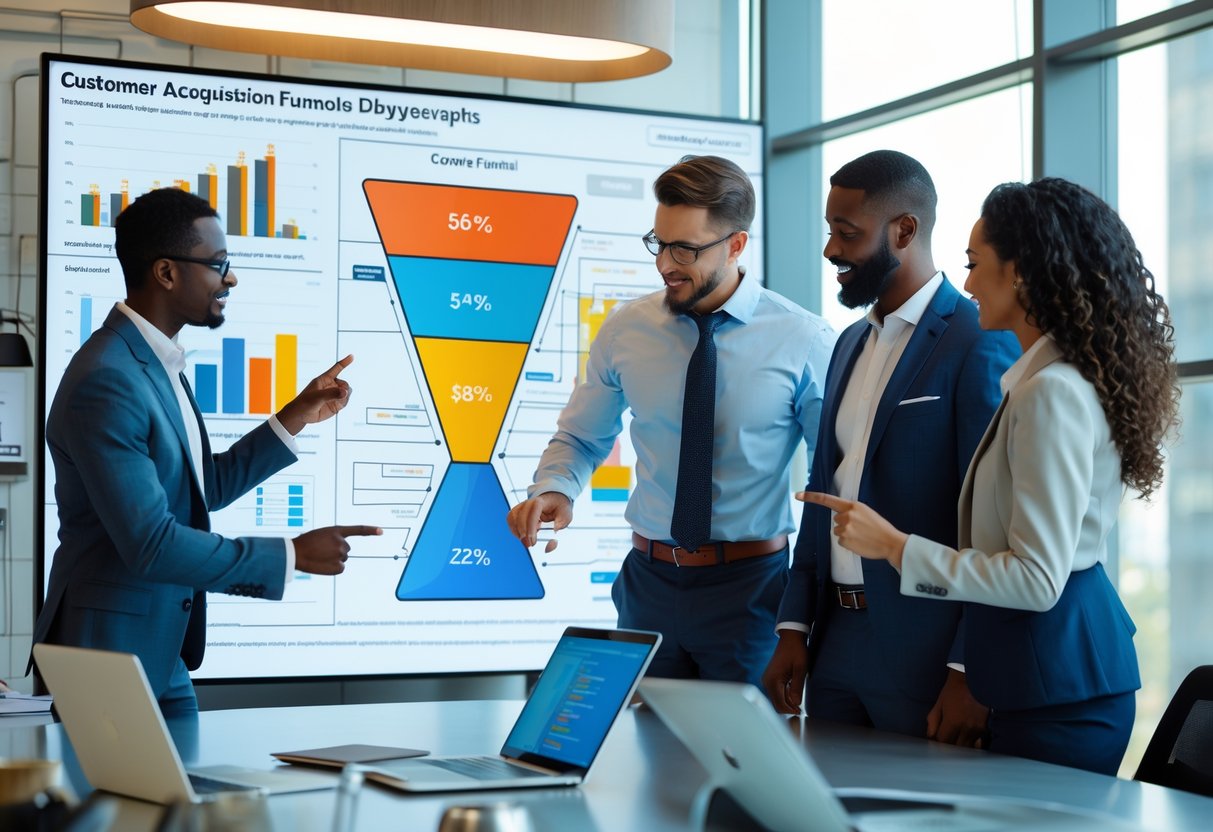 A diverse group of business professionals collaborating around a digital display showing a customer acquisition funnel diagram in a modern office.