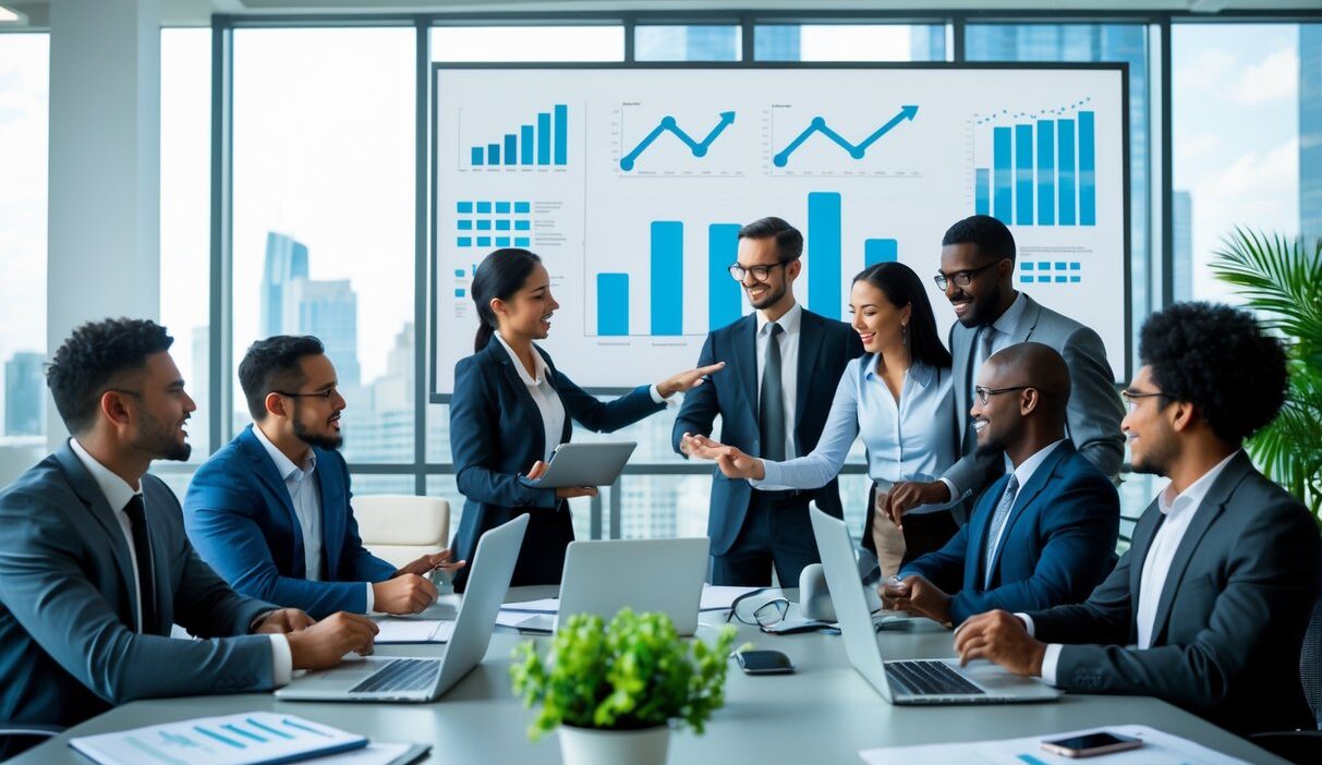 A diverse group of business professionals collaborating around a conference table with laptops and charts in a modern office.