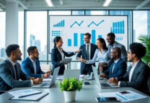 A diverse group of business professionals collaborating around a conference table with laptops and charts in a modern office.