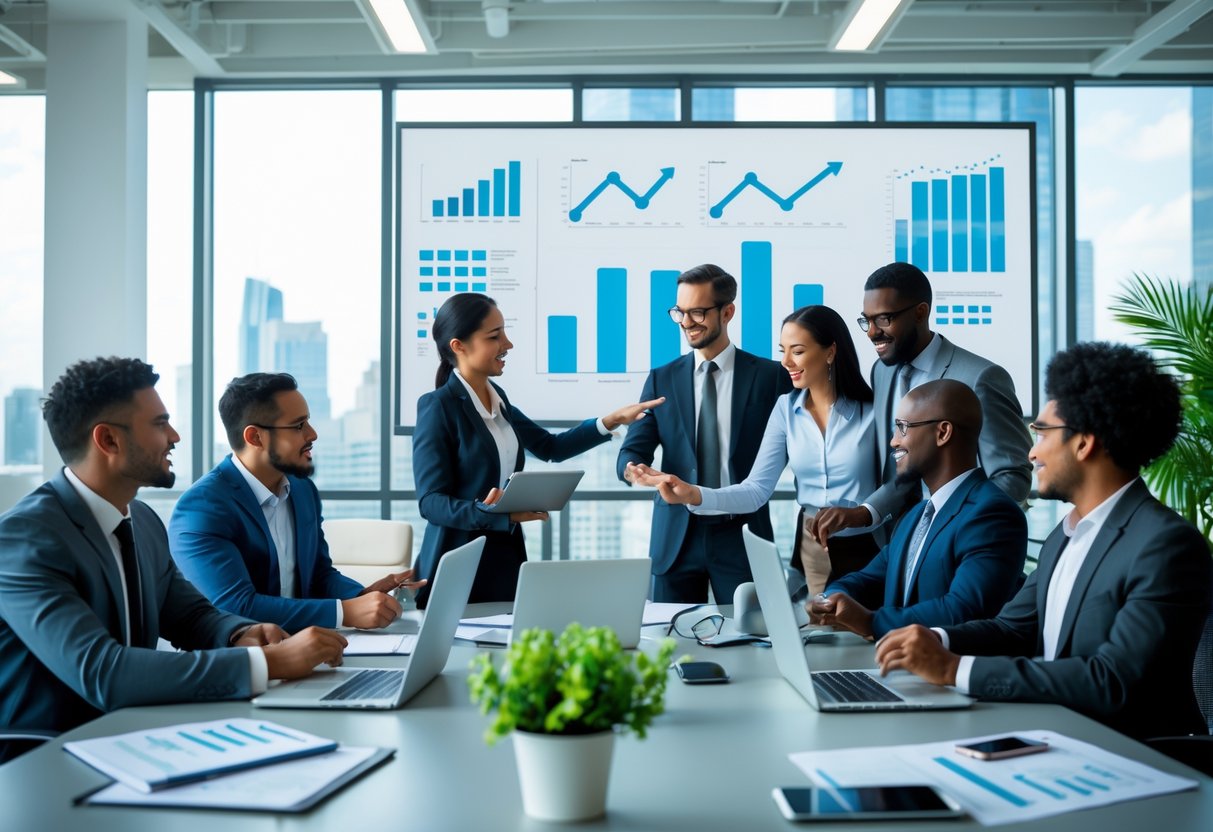 A diverse group of business professionals collaborating around a conference table with laptops and charts in a modern office.