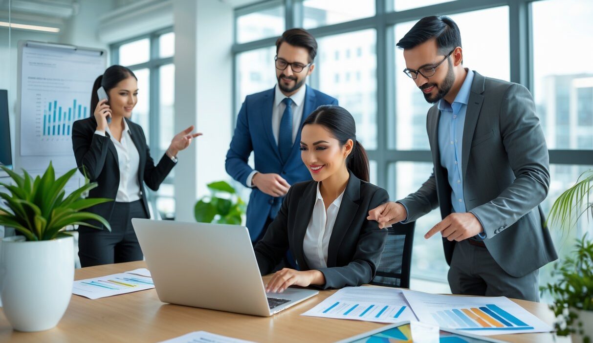 Business professionals collaborating in an office, reviewing documents and data on a laptop during a qualification process.