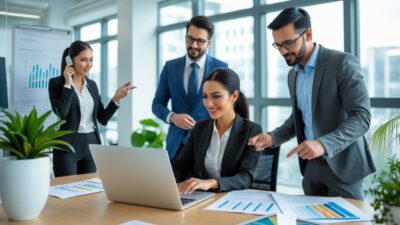 Business professionals collaborating in an office, reviewing documents and data on a laptop during a qualification process.