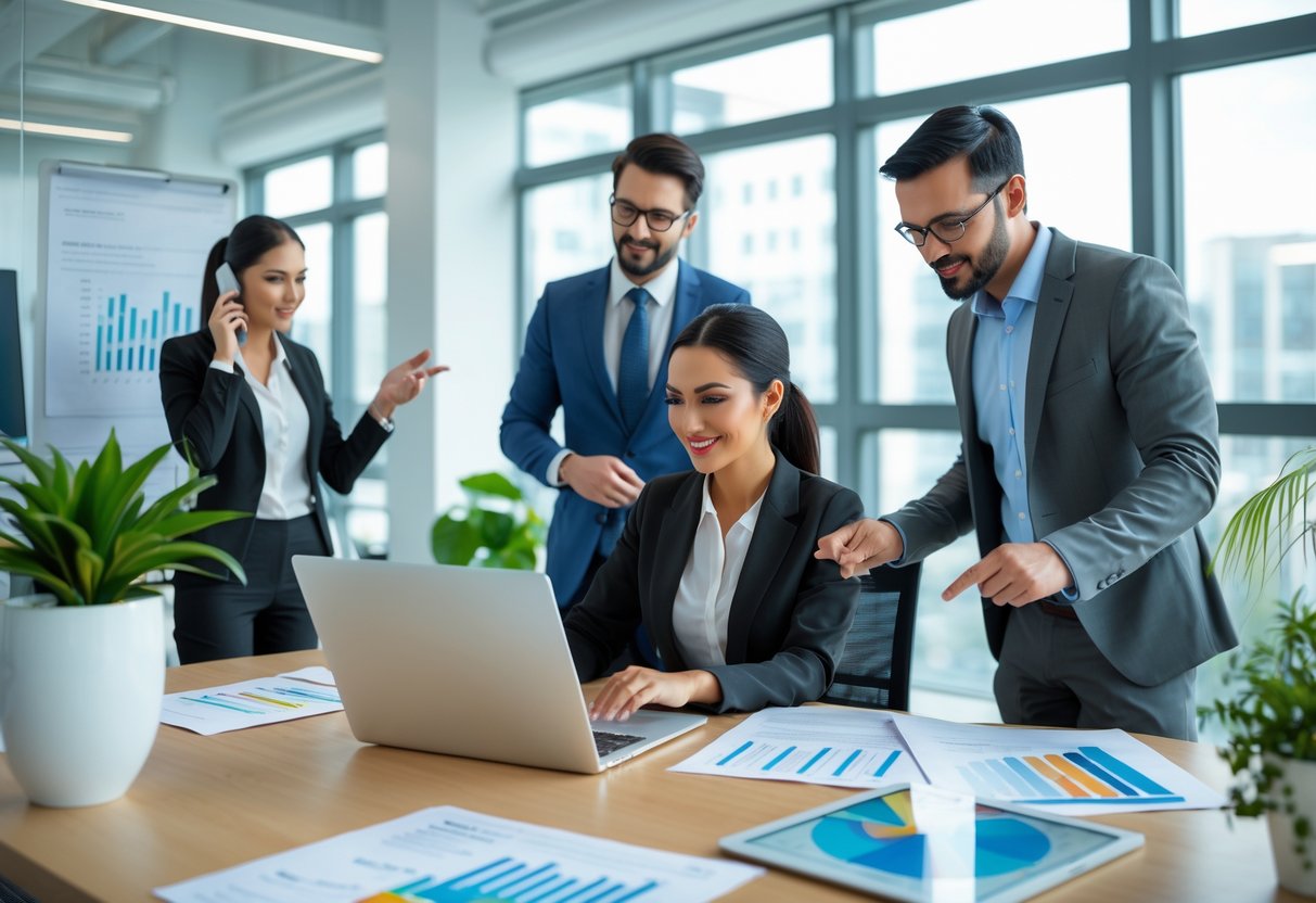 Business professionals collaborating in an office, reviewing documents and data on a laptop during a qualification process.