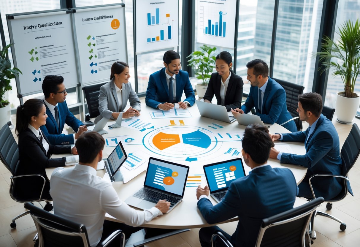 Business professionals collaborating around a table with laptops and charts illustrating stages of an inquiry qualification process.