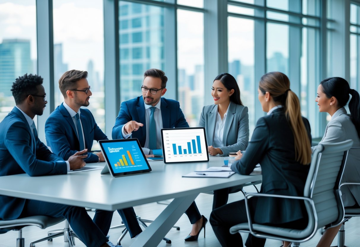 A group of business professionals discussing strategies around a conference table with charts and digital devices in a modern office.