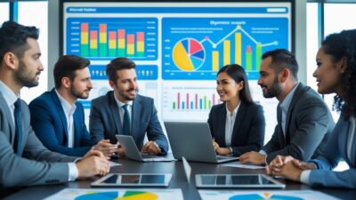 Business professionals discussing charts and graphs showing growth and conversion rates in a modern office.