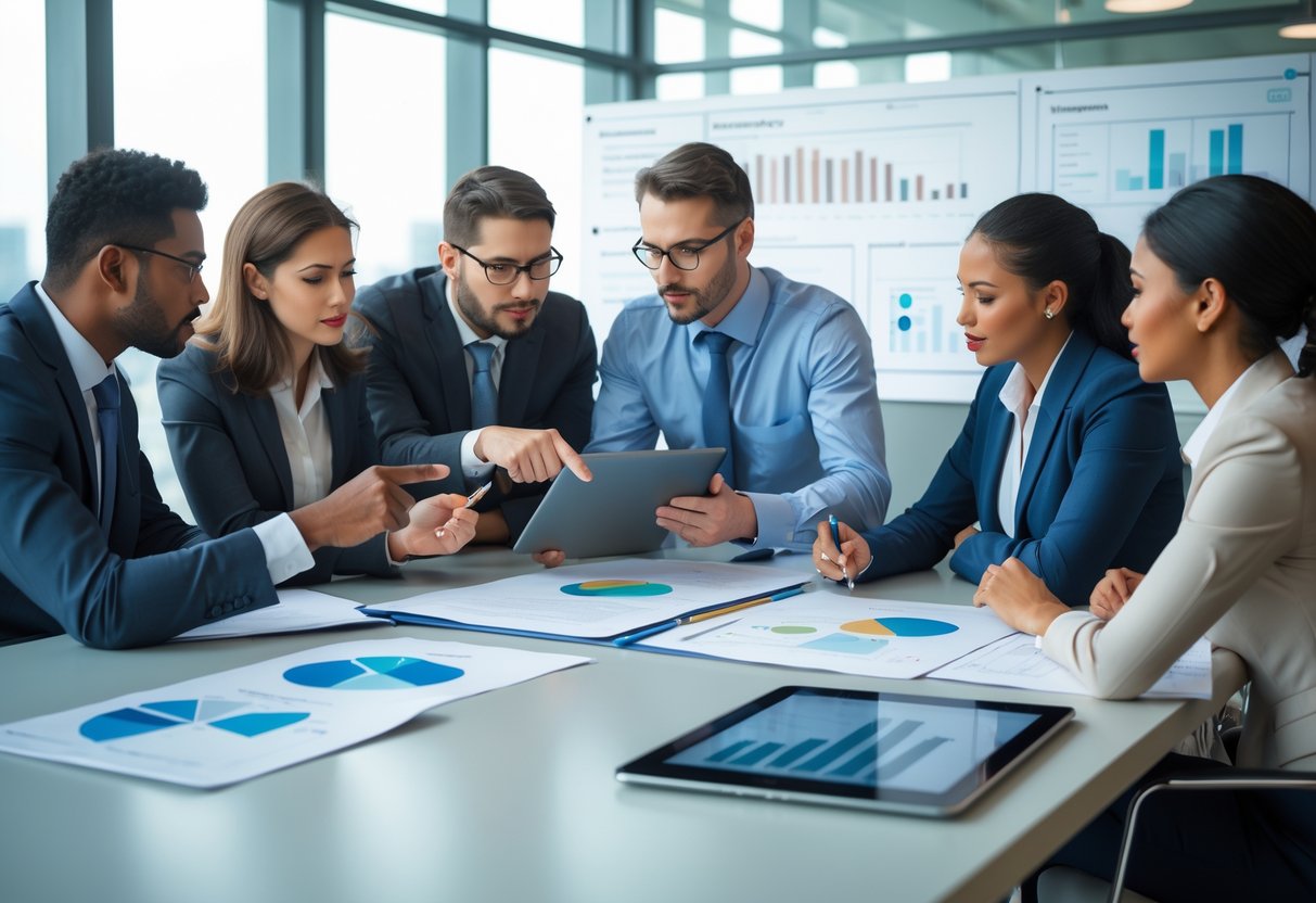 A group of business professionals collaborating around a conference table, reviewing documents and digital devices in an office meeting.