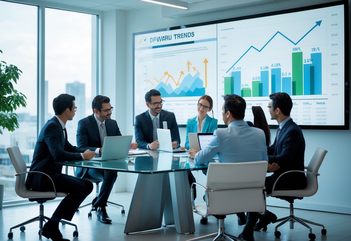 A group of business professionals collaborating around a conference table with charts and digital screens showing growth trends.