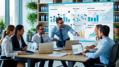 A group of business professionals collaborating around a table with laptops and digital screens displaying data and charts in a modern office.