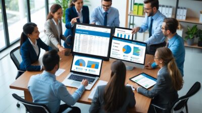 A group of business professionals collaborating around a table with laptops and tablets displaying data in a bright office.