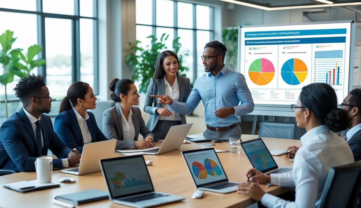 A group of business professionals collaborating around a conference table with charts and a digital screen showing segmented customer data.