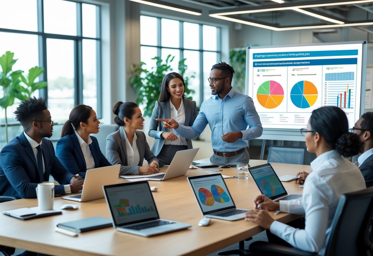 A group of business professionals collaborating around a conference table with charts and a digital screen showing segmented customer data.