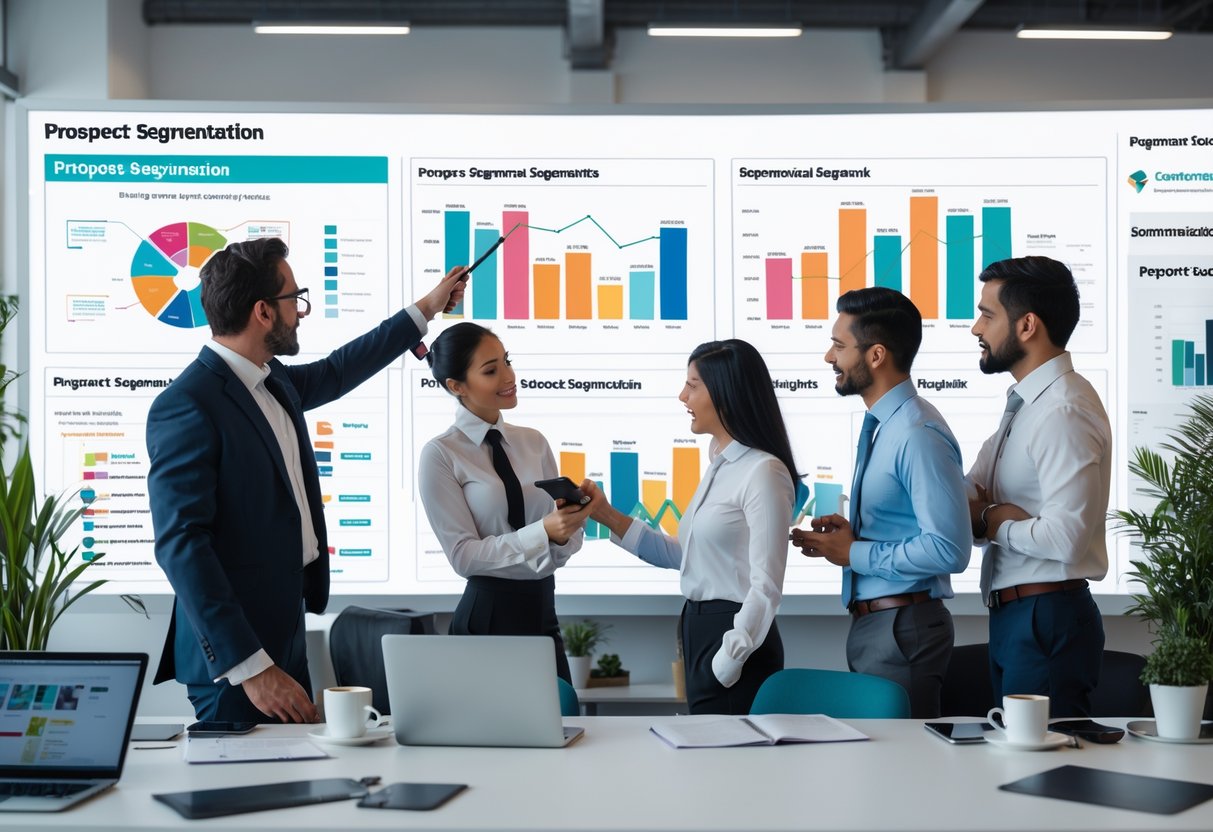 A group of business professionals collaborating around a digital screen showing segmented charts and data in an office setting.