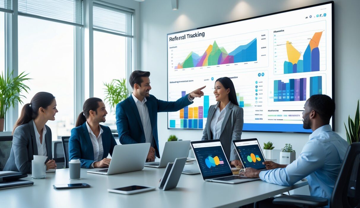 A group of business professionals collaborating around a desk with digital devices showing charts and graphs related to referral tracking in a bright office.