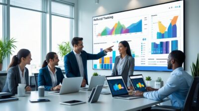 A group of business professionals collaborating around a desk with digital devices showing charts and graphs related to referral tracking in a bright office.